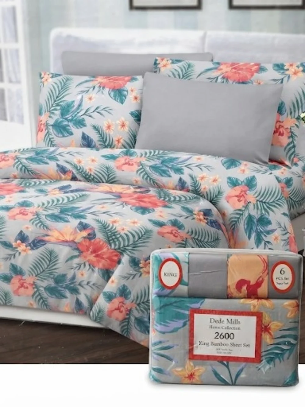 Floral Bamboo 6 Pieces Sheet Set - Gray with Coral & Teal Floral King